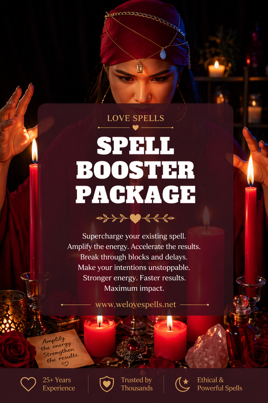 Spell caster performing powerful red candle ritual with crystals and sacred tools representing a spell booster package to amplify energy and strengthen existing love spells by Belinda