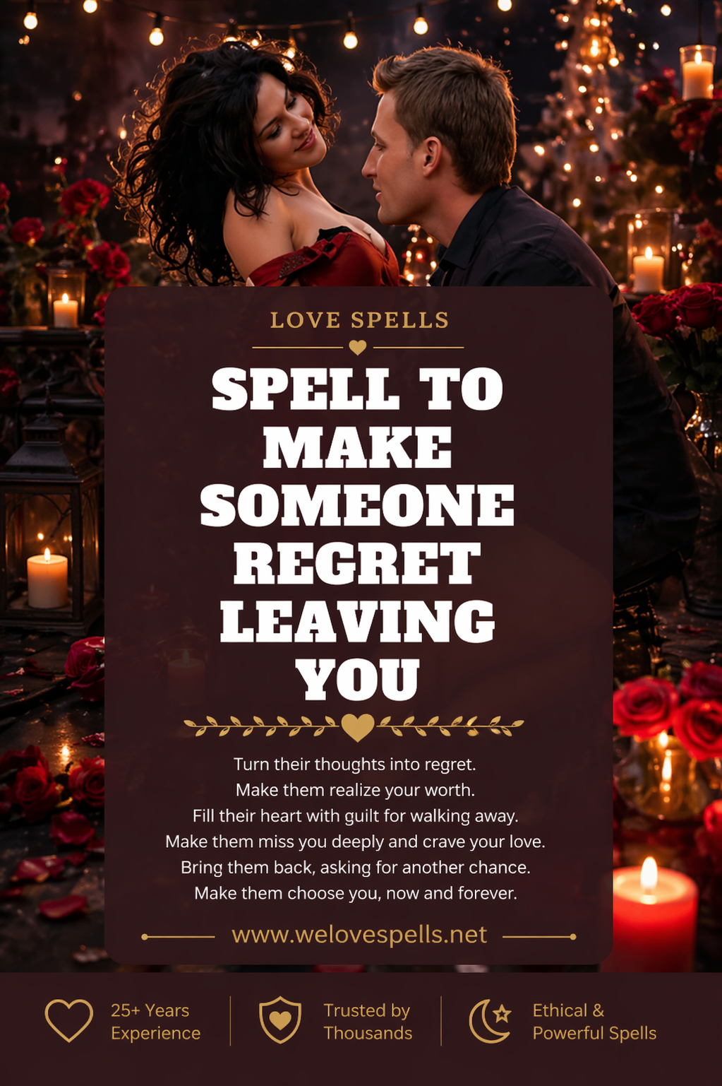 Romantic candlelit scene with couple surrounded by roses and warm lights symbolizing a spell to make someone regret leaving you and return with love by Belinda