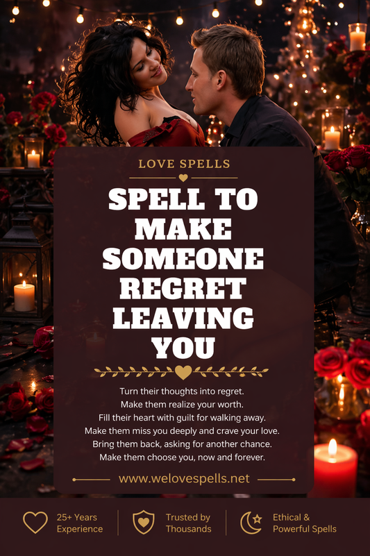 Romantic candlelit scene with couple surrounded by roses and warm lights symbolizing a spell to make someone regret leaving you and return with love by Belinda