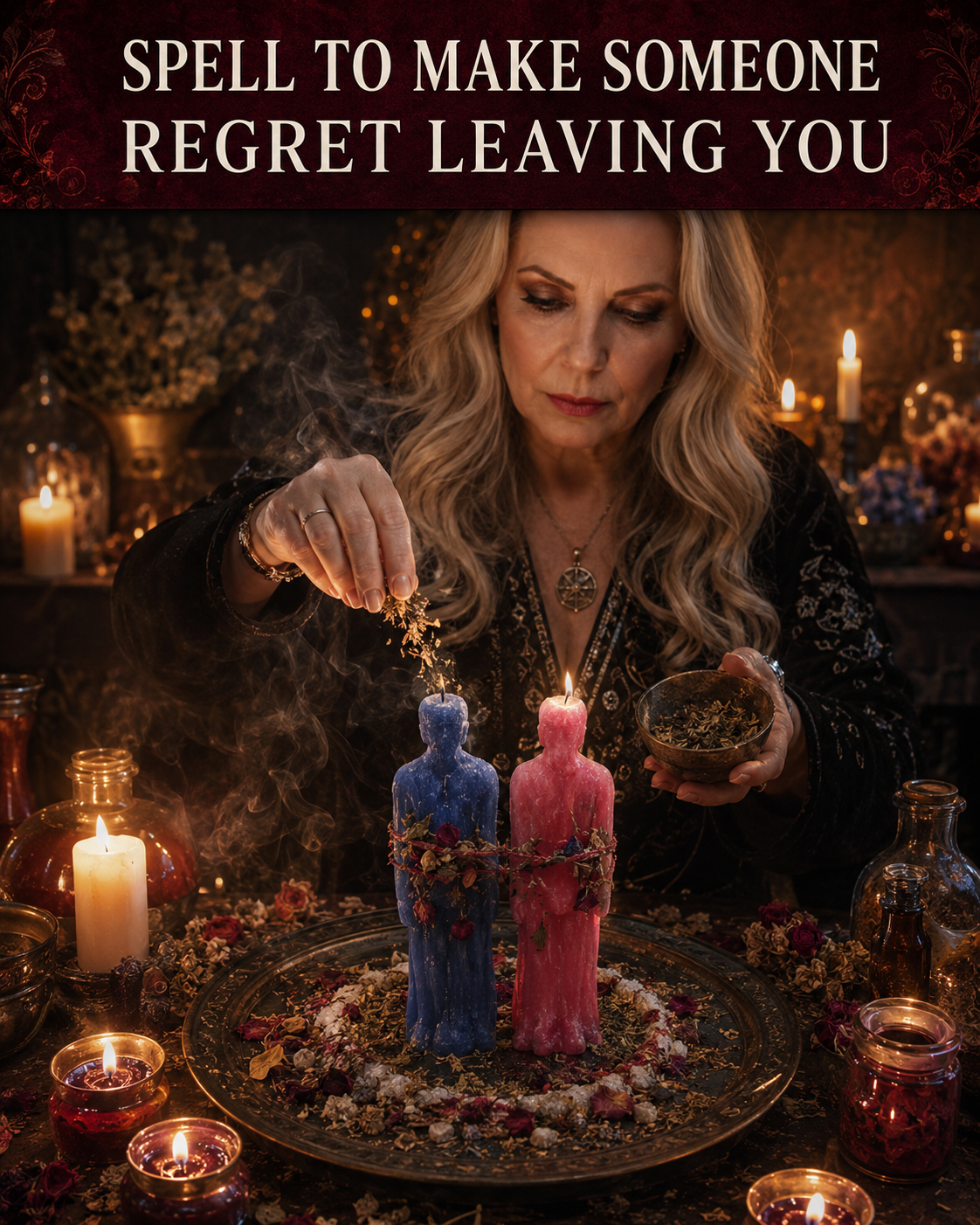 Spell to make someone regret leaving you, showing a private regret spell ritual with candles, herbs, figure candles, and Belinda preparing the casting for emotional reflection and closure