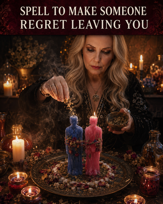 Spell to make someone regret leaving you, showing a private regret spell ritual with candles, herbs, figure candles, and Belinda preparing the casting for emotional reflection and closure