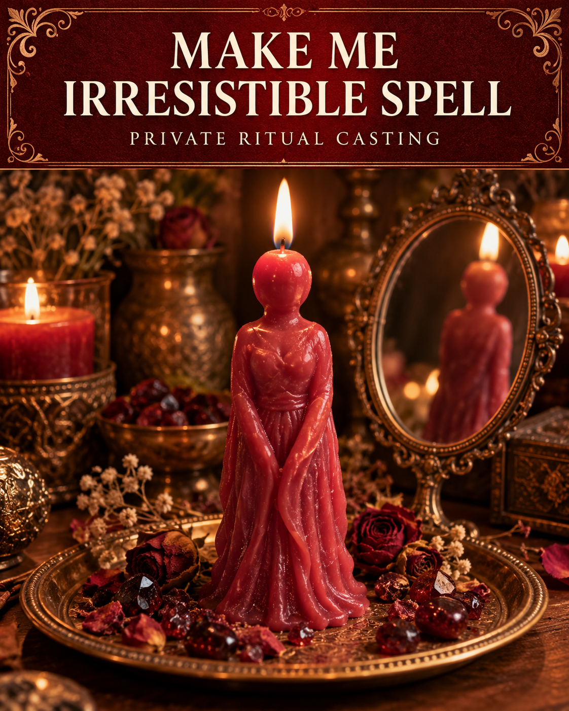Make Me Irresistible Spell private ritual casting artwork with stylized wax figure candles on a warm wooden altar