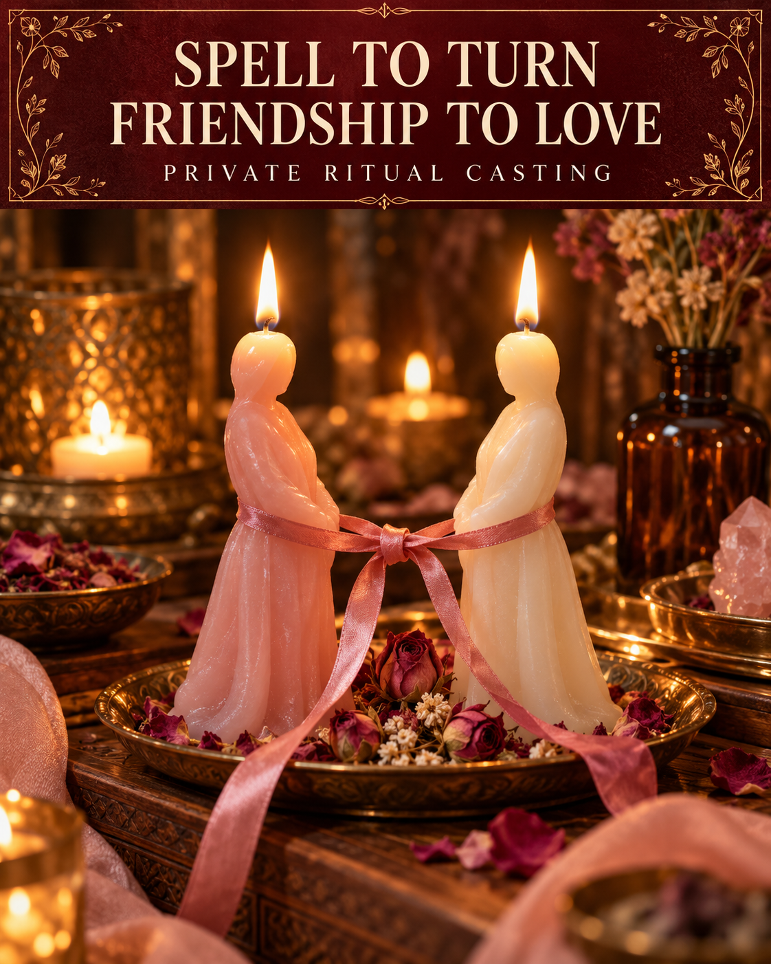Spell to Turn Friendship to Love — private ritual casting, with stylized figure candles on a warm wooden altar.