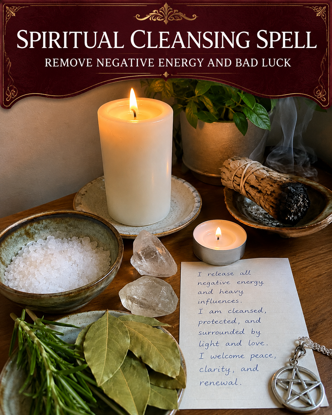 Spiritual Cleansing Spell main image with white candle, sage, salt, rosemary, bay leaves, clear quartz, pentacle charm, and cleansing petition.