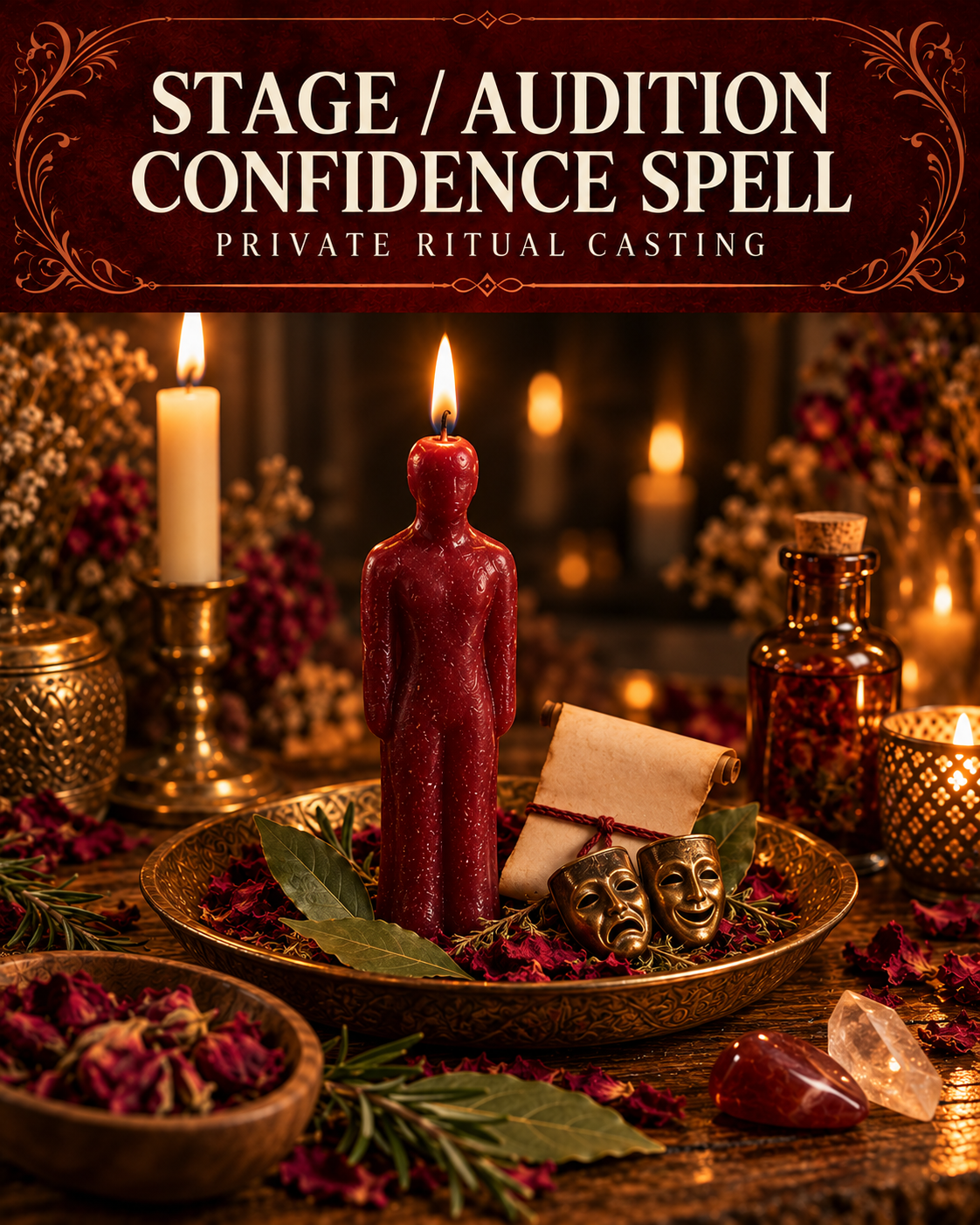 Stage / Audition Confidence Spell private ritual casting artwork with symbolic wax figure candles on a warmly lit altar.
