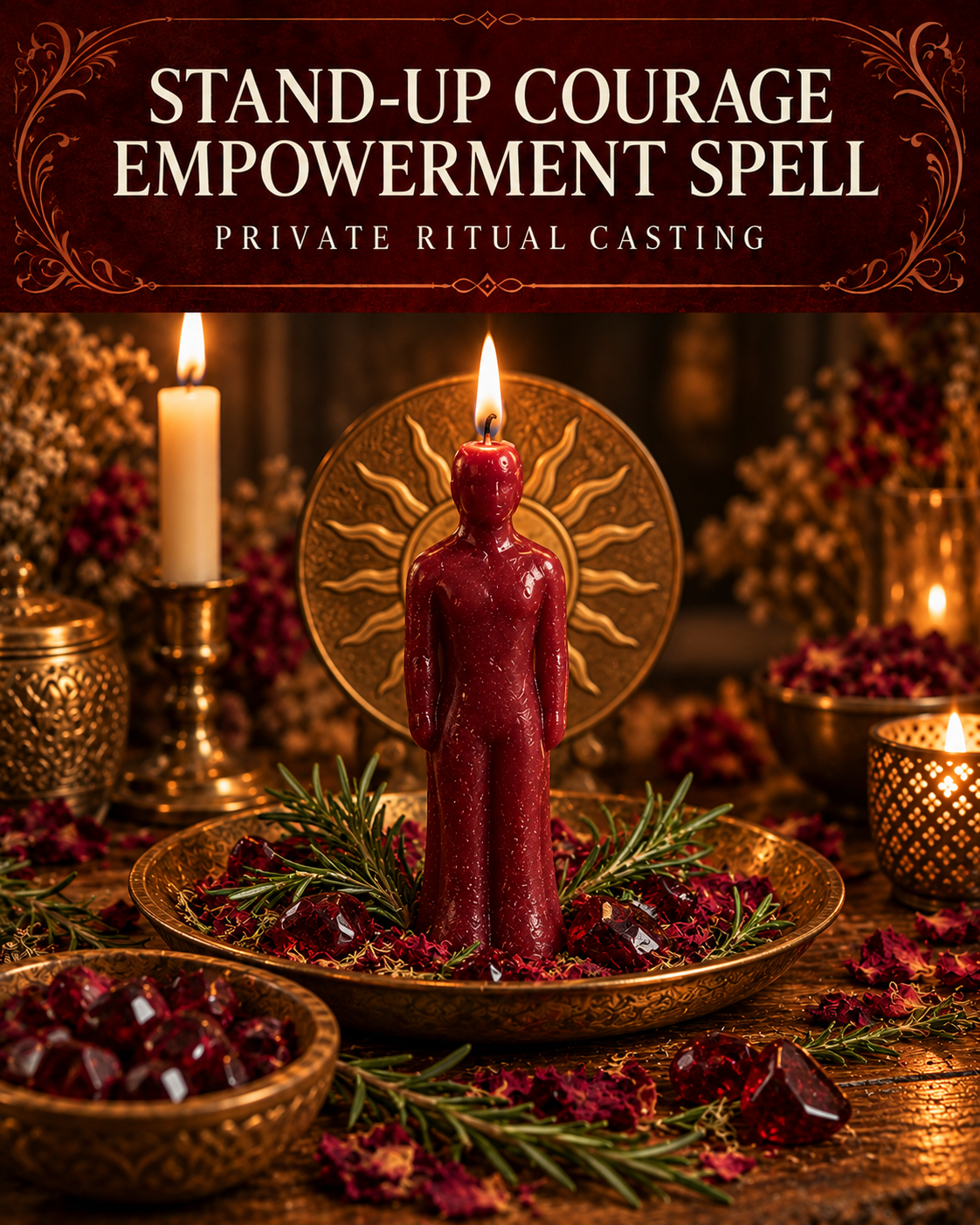 Stand-Up Courage Empowerment Spell private ritual casting artwork with symbolic wax figure candles on a warmly lit altar.