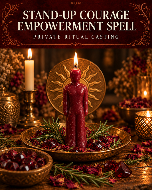 Stand-Up Courage Empowerment Spell private ritual casting artwork with symbolic wax figure candles on a warmly lit altar.