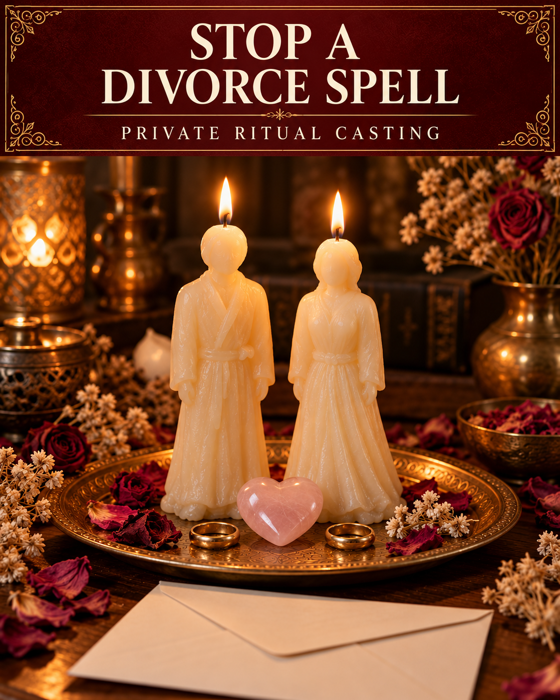 Stop a Divorce Spell private ritual casting artwork with stylized wax figure candles on a warm wooden altar