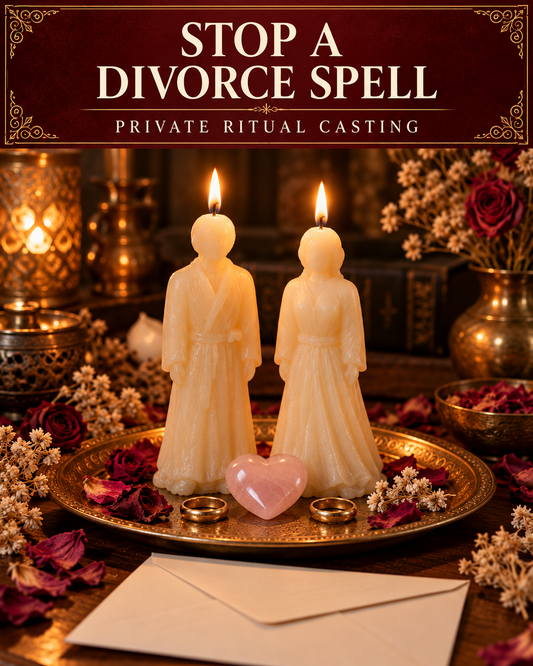 Stop a Divorce Spell private ritual casting artwork with stylized wax figure candles on a warm wooden altar