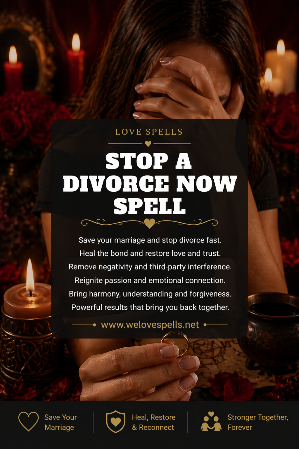 Emotional woman holding a wedding ring in a dark candlelit setting with roses and ritual elements, symbolizing a stop divorce spell to save a marriage, restore love, trust and emotional connection by Belinda