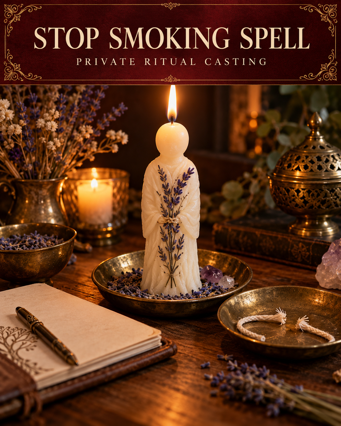 Stop Smoking Spell private ritual casting artwork with stylized wax figure candles on a warm wooden altar