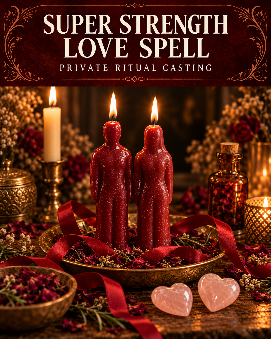 Super Strength Love Spell private ritual casting artwork with symbolic wax figure candles on a warmly lit altar.