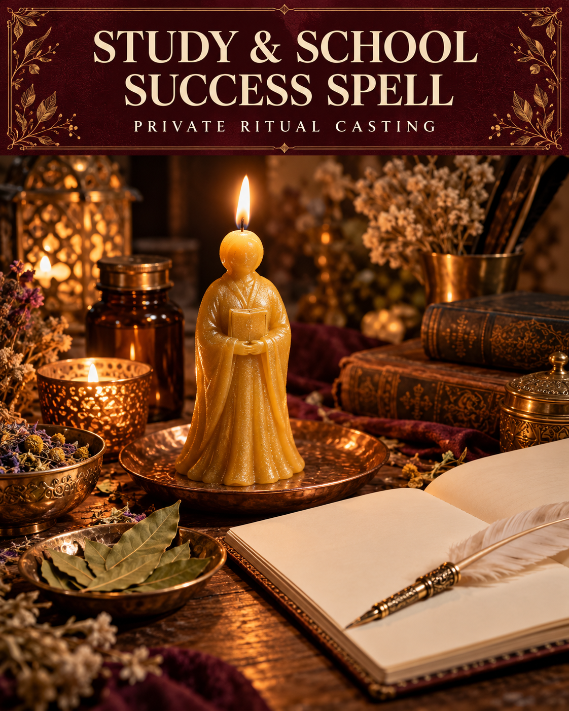 Study & School Success Spell — private ritual casting, with stylized figure candles on a warm wooden altar.