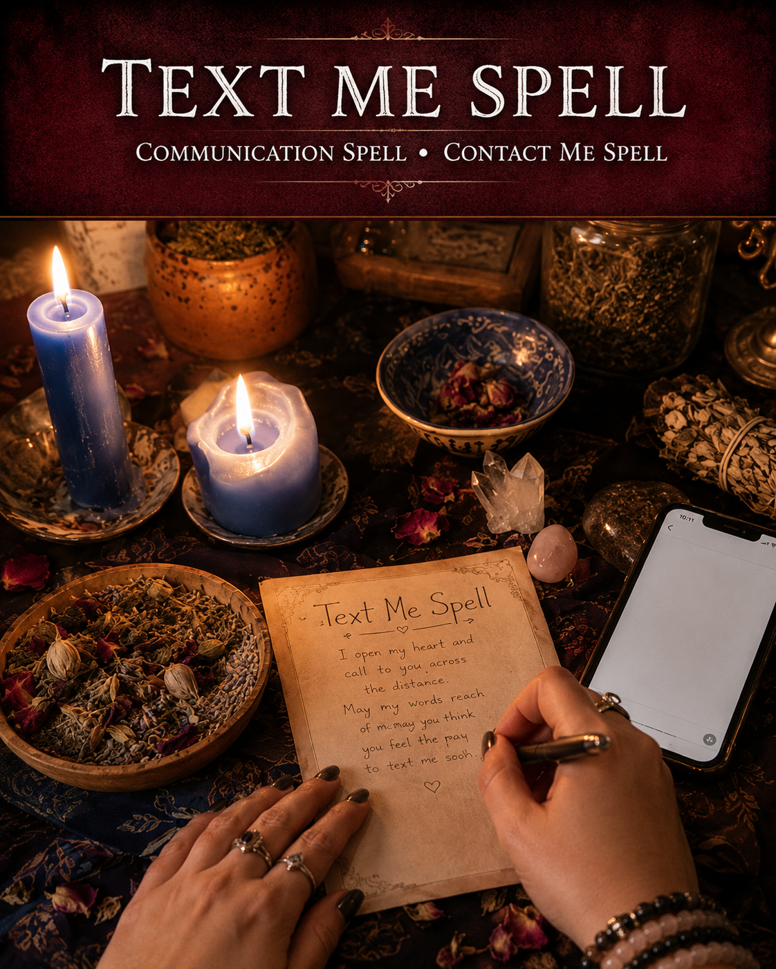 Text Me Spell main image with blue candles, handwritten petition, smartphone, herbs, rose petals, and crystals for communication energy.