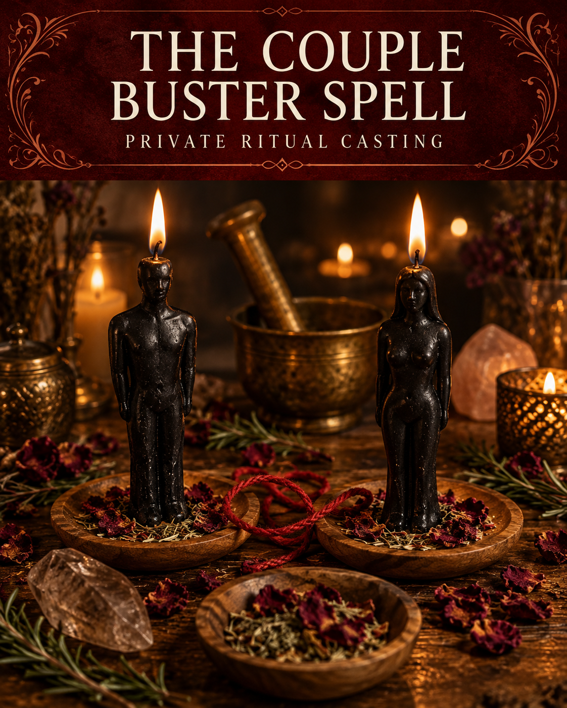 The Couple Buster Spell promotional illustration with two separated black figure candles, red cord, herbs and crystals on a candlelit altar.
