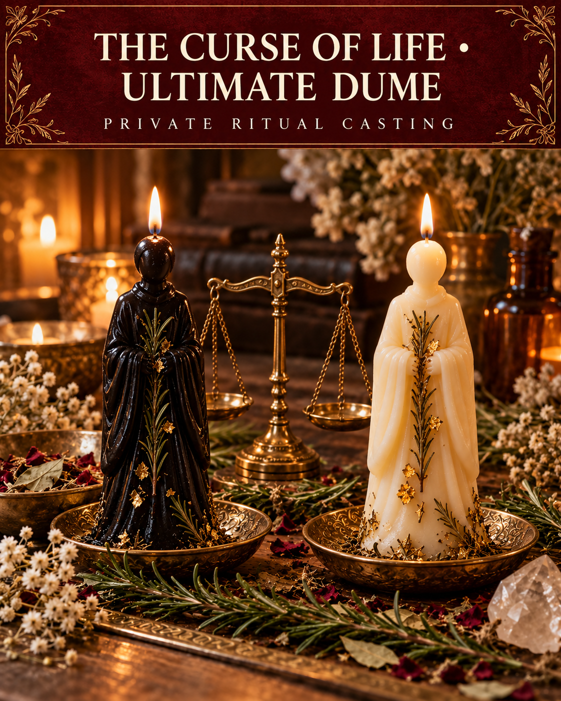 The Curse of Life • Ultimate DUME — private ritual casting, with stylized figure candles on a warm wooden altar.