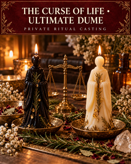 The Curse of Life • Ultimate DUME — private ritual casting, with stylized figure candles on a warm wooden altar.