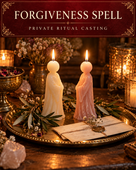 Forgiveness Spell private ritual casting artwork with stylized wax figure candles on a warm wooden altar
