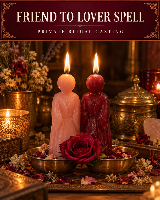 Friend to Lover Spell private ritual casting artwork with stylized wax figure candles on a warm wooden altar