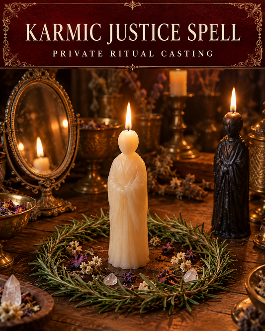 Karmic Justice Spell private ritual casting artwork with stylized wax figure candles on a warm wooden altar