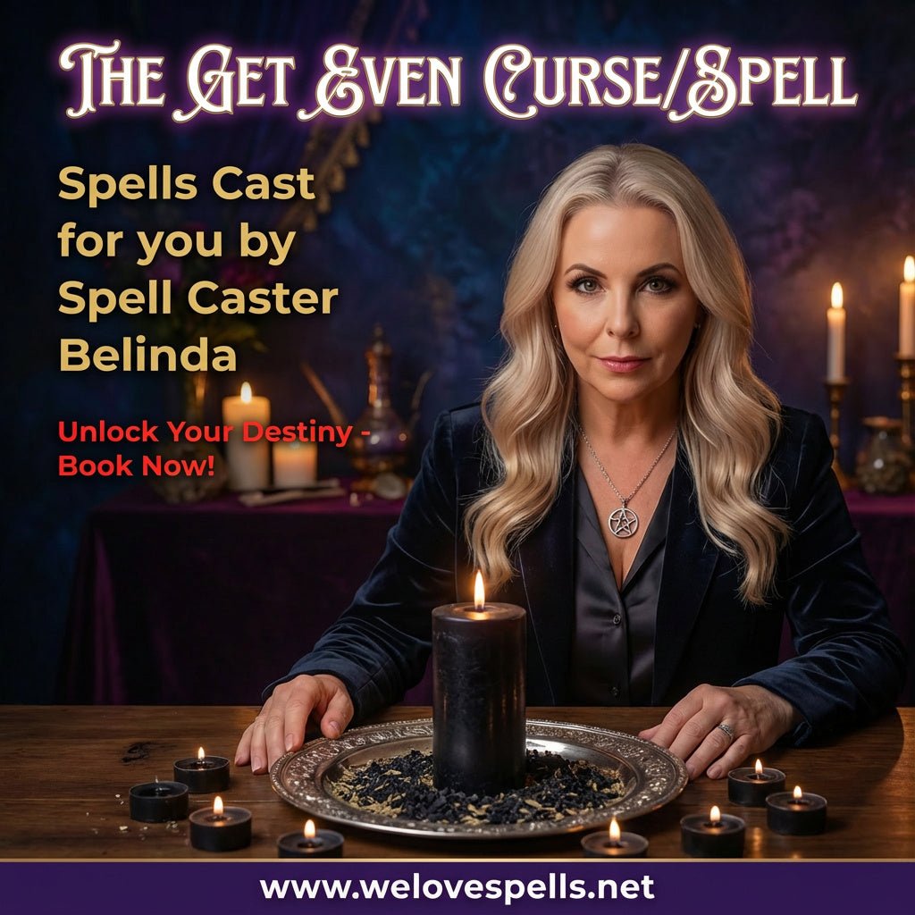 Spell Caster Belinda casting the Get Even Curse and karmic justice spell with black candles.