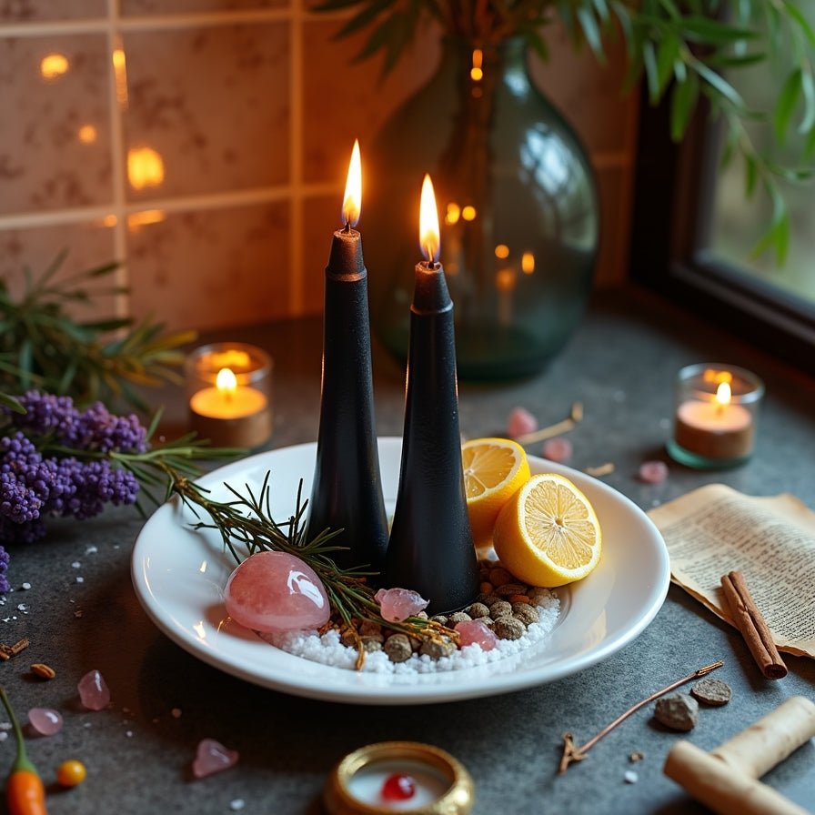 Black candles and lemons for uncrossing and cleansing ritual within the Get Even justice spell.