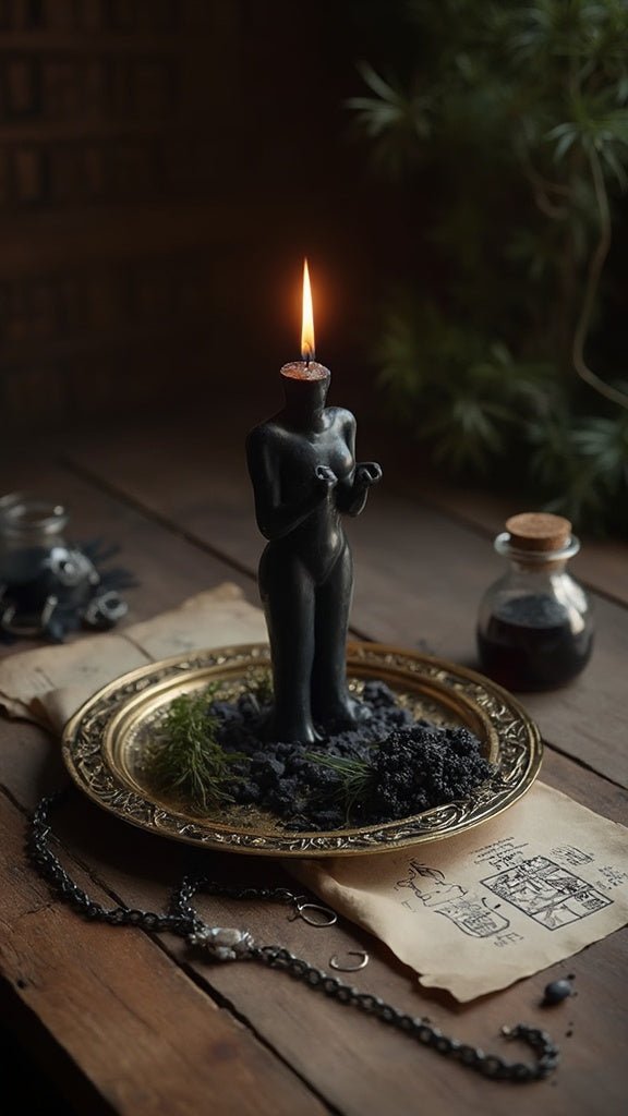 Burning black figure candle on a ritual altar for the Get Even Curse and karmic reversal spell.