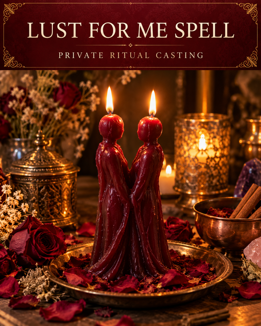Lust for Me Spell private ritual casting artwork with stylized wax figure candles on a warm wooden altar