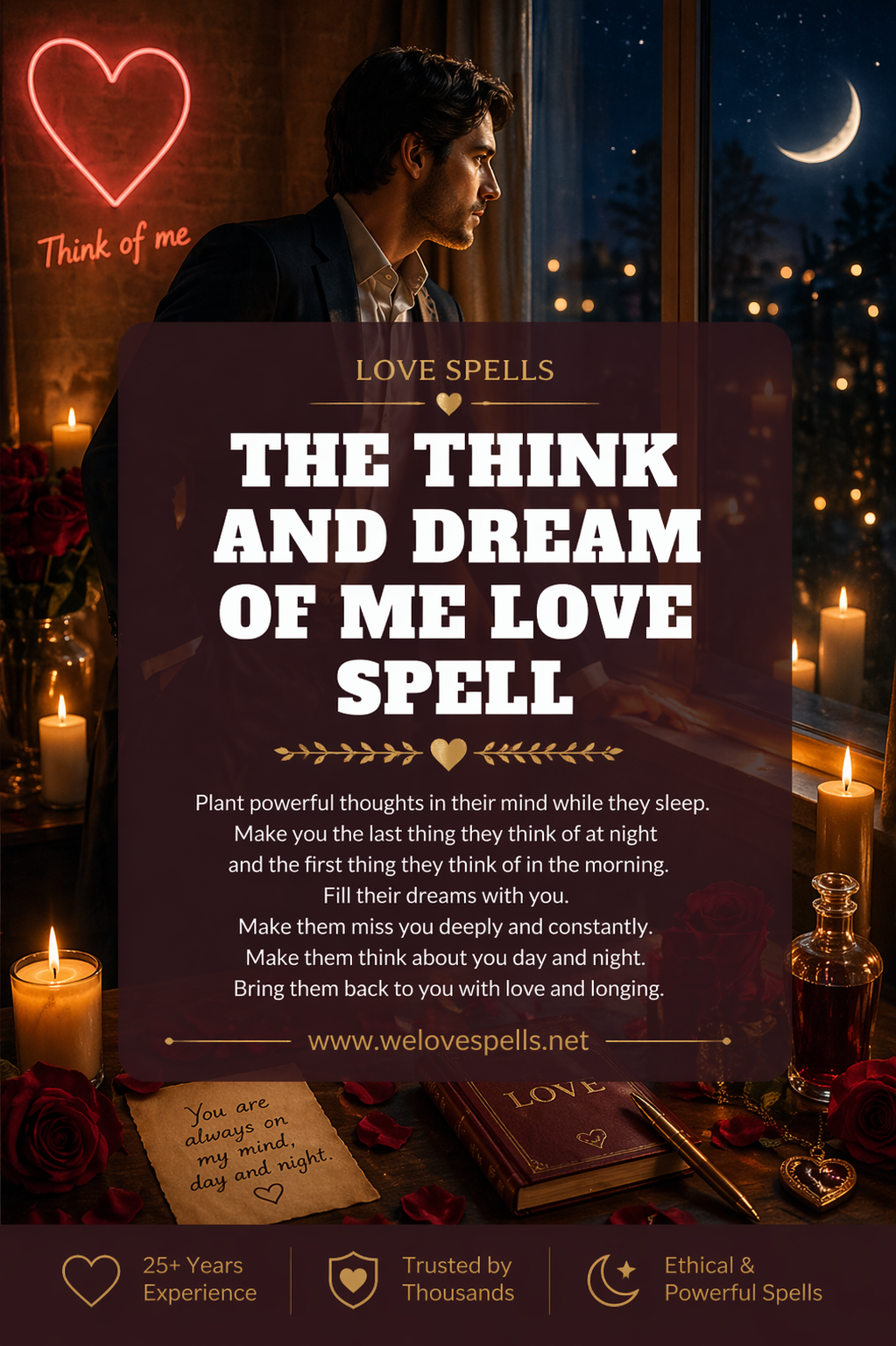 Man gazing out window at night with candles, moonlight and romantic setting symbolizing a think and dream of me love spell to influence thoughts and dreams of your lover by Belinda