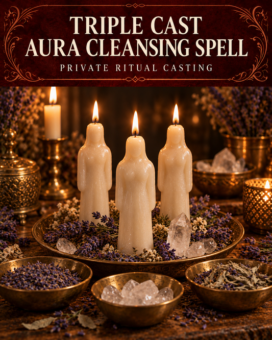 Triple Cast Aura Cleansing Spell private ritual casting artwork with symbolic wax figure candles on a warmly lit altar.