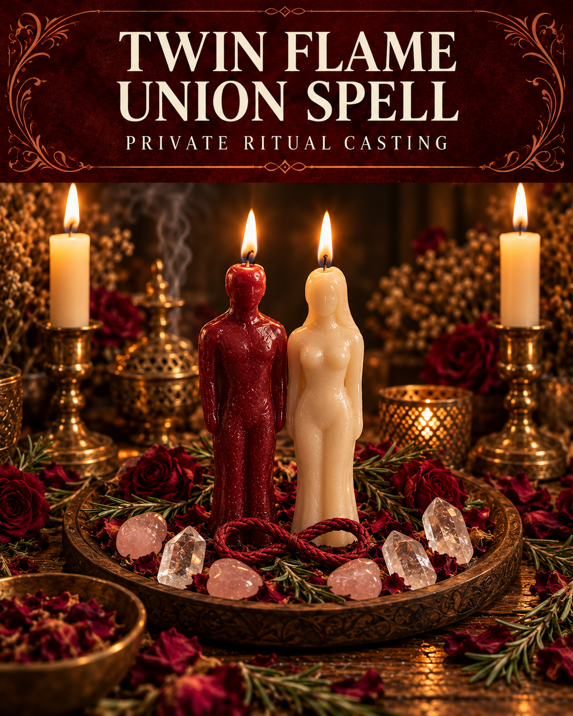 Twin Flame Union Spell promotional illustration with red and ivory figure candles, an infinity-shaped red cord, rose petals, rosemary, rose quartz and clear crystals on a candlelit altar.