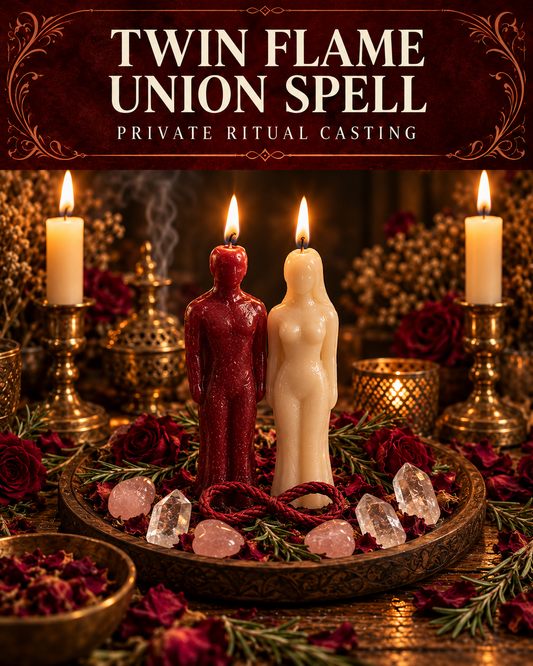 Twin Flame Union Spell promotional illustration with red and ivory figure candles, an infinity-shaped red cord, rose petals, rosemary, rose quartz and clear crystals on a candlelit altar.