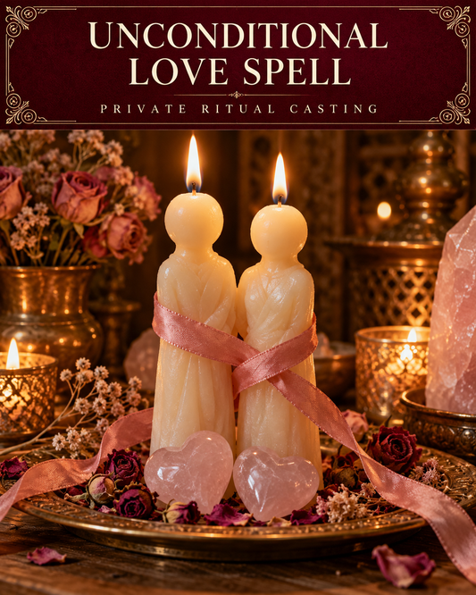 Unconditional Love Spell private ritual casting artwork with stylized wax figure candles on a warm wooden altar
