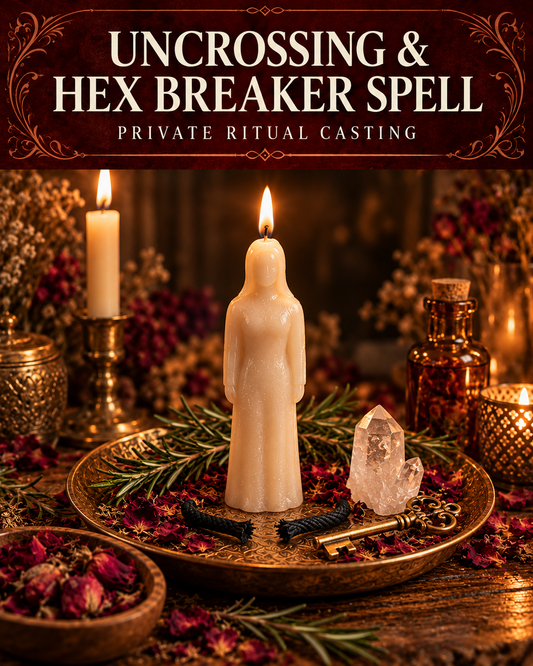 Uncrossing & Hex Breaker Spell private ritual casting artwork with stylized figure candles on a warm wooden altar and a burgundy title banner.