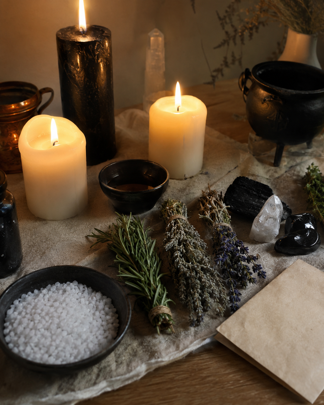 Uncrossing & Hex Breaker Spell altar with black and white candles, sea salt, cleansing herbs, and protective crystals in a realistic cellphone-style setting.