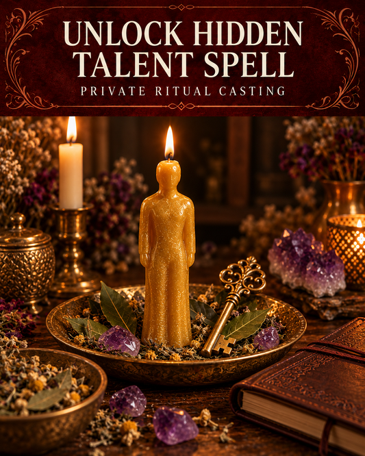 Unlock Hidden Talent Spell private ritual casting artwork with symbolic wax figure candles on a warmly lit altar.