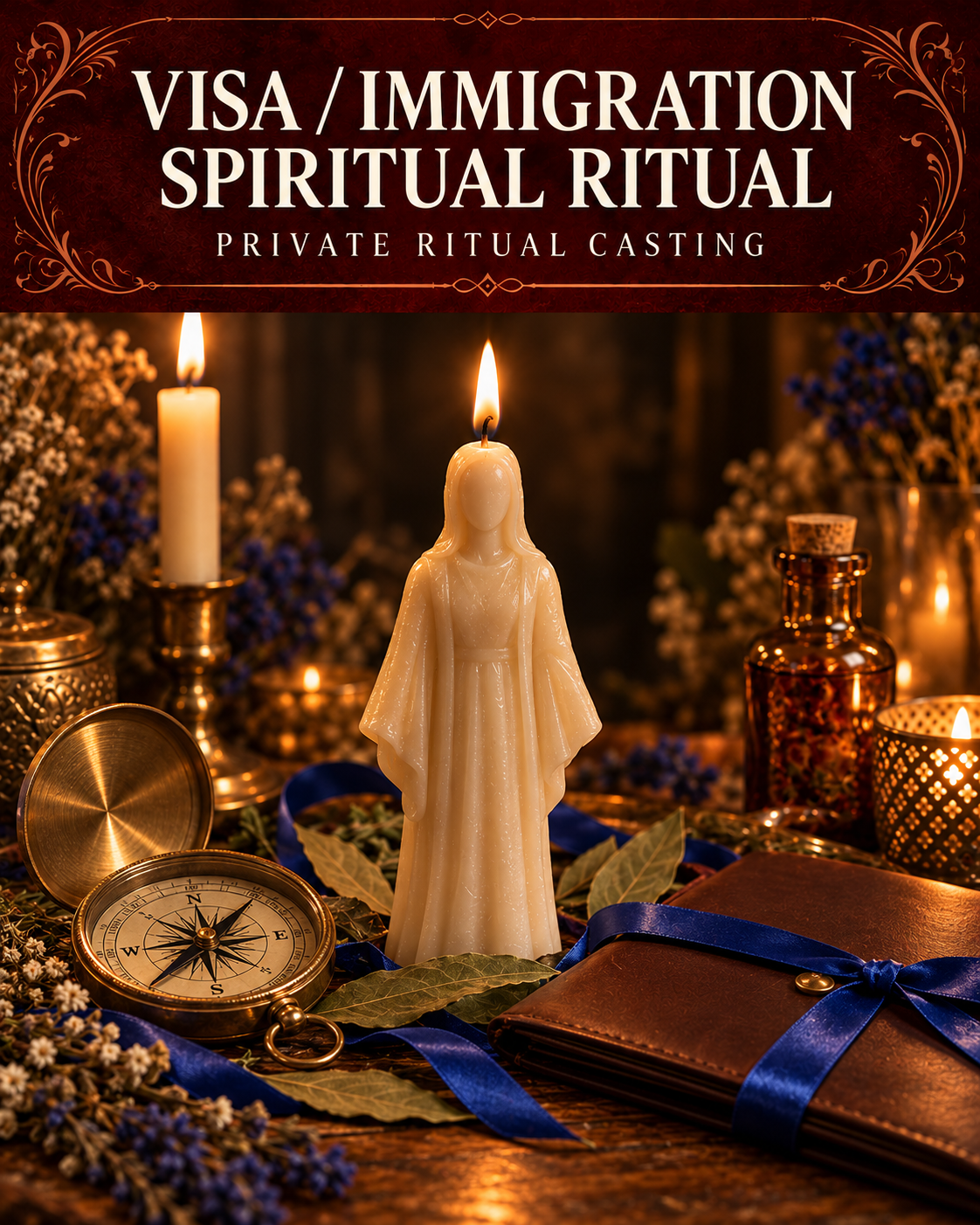 Visa / Immigration Spiritual Ritual private ritual casting artwork with stylized figure candles on a warm wooden altar and a burgundy title banner.