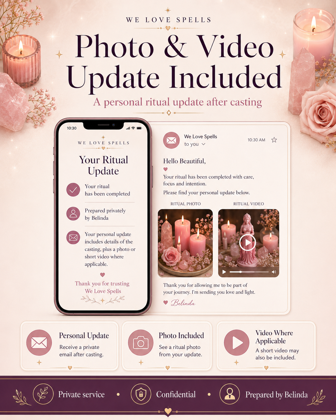 Photo and video update included after a private We Love Spells ritual, showing a personal email update with ritual photo, optional video, confidential service, and preparation by Belinda.
