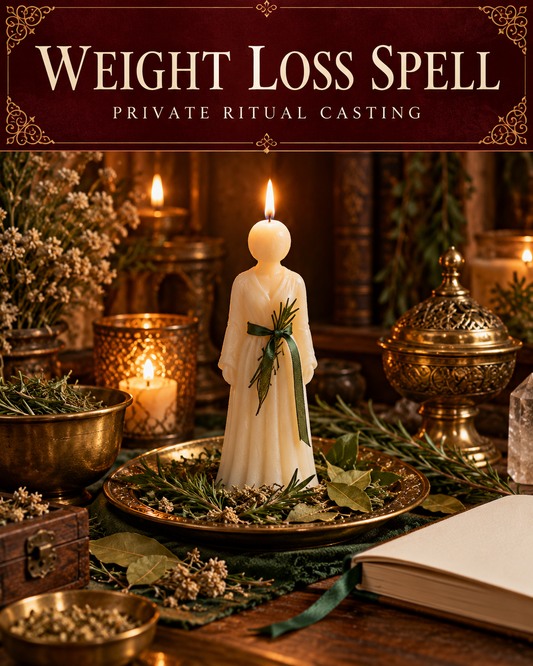 Weight Loss Spell private ritual casting artwork with stylized wax figure candles on a warm wooden altar