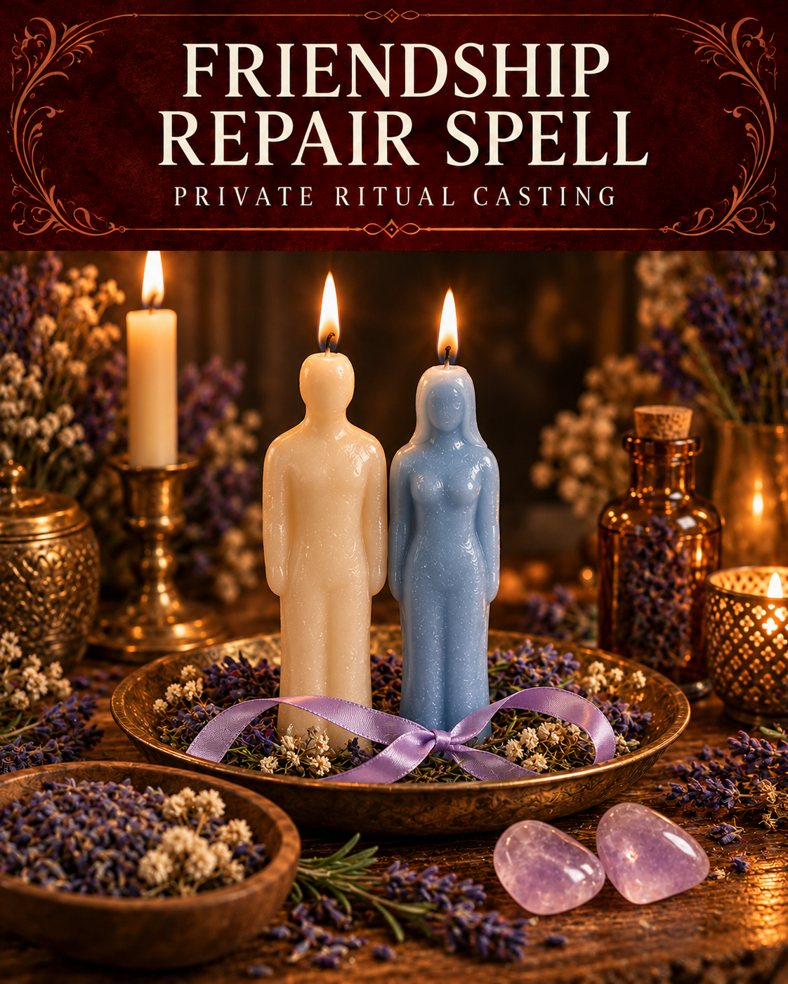 Friendship Repair Spell private ritual casting artwork with symbolic wax figure candles on a warmly lit altar.