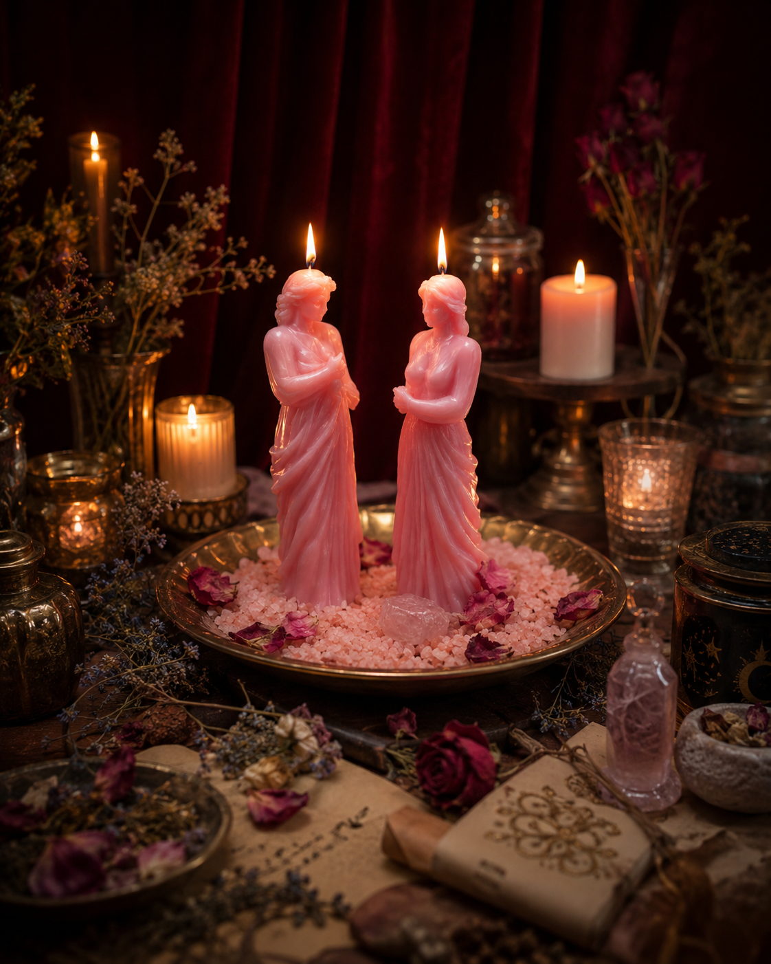 Wide view of a realistic beauty spell casting altar with pink figure candles, rose petals, crystals, herbs, and candlelight for a private ritual by Belinda at We Love Spells.